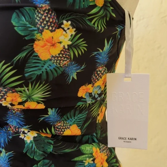 Amazon (Grace Karin) Pineapple Floral Halter Tankini Boy Shorts Swimsuit Medium - Picture 10 of 16